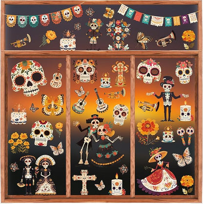 Dia de Los Muertos Decorations, Day of The Dead Window Clings, Halloween Window Stickers, Mexican Fiesta Party Decor, Sugar Skull Skeleton Musical Decals, 9 Sheets