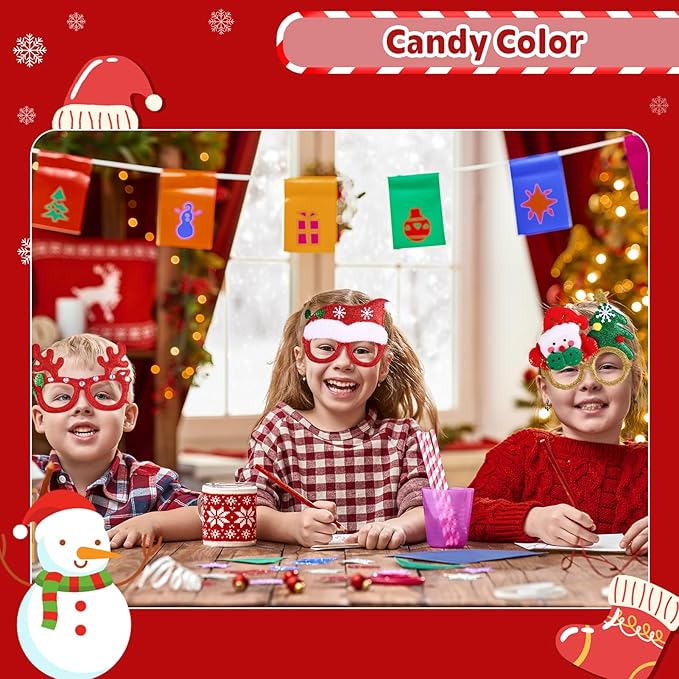 16 Pieces Christmas Glitter Eyeglasses Holiday Party Glasses Supplies Antlers Reindeer Snowman Shape for Xmas Decorations Assorted Styles
