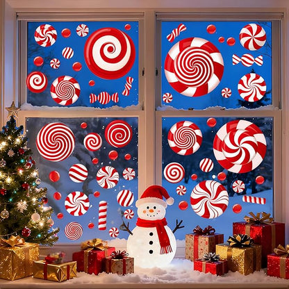 9 Sheets Christmas Window Clings, Candy Cane Christmas Decorations, Candyland Decal Stickers Decor for Home & Office