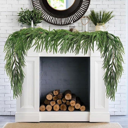 2 Pack Christmas Real Touch Norfolk Pine Garland Table Garland, 15ft Artificial Faux Greenery Garlands for Wedding Mantle Indoor Home Decor Xmas Holiday Seasonal