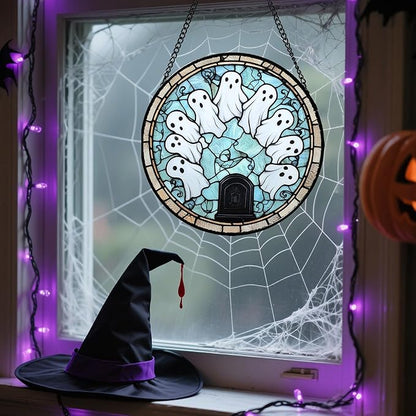 Stained Glass Window Hanging - Halloween Decorations Ghosts Tombstones Suncatcher for Doors Garden Indoor Spooky Funny Sun Catchers Gothic Decor Horror Gifts for Women Men Friend 7.8 in