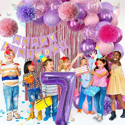 Pink Purple 7th Birthday Party Decorations for Girls Number 7 Balloon Happy Birthday Banner Butterfly Stickers Fringe Curtain Paper Pom Poms Metallic Hot Pink Star Foil Balloons 7 Year Old Princess
