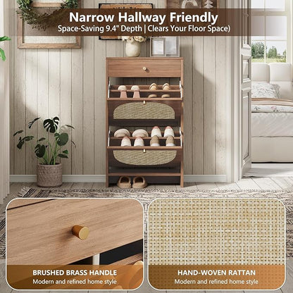 Nicetree Shoe Cabinet for Entryway, Slim Shoe Rack with 2 Flip Drawers and Top Storage Drawer, Narrow Shoe Organizer with Arched Rattan Accent, Entryway Shoe Storage for Size 12 Shoes, Caramel