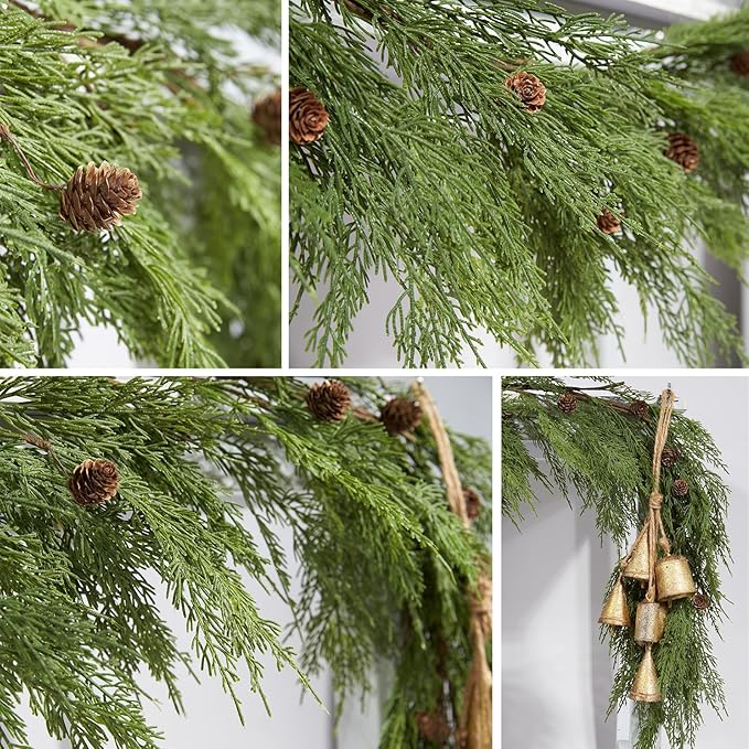 WBHome Real Touch Cypress Cedar & Pine Cone Evergreen Garland for Christmas Holiday Seasonal Outdoor/Indoor Home Decor, 6FT Long