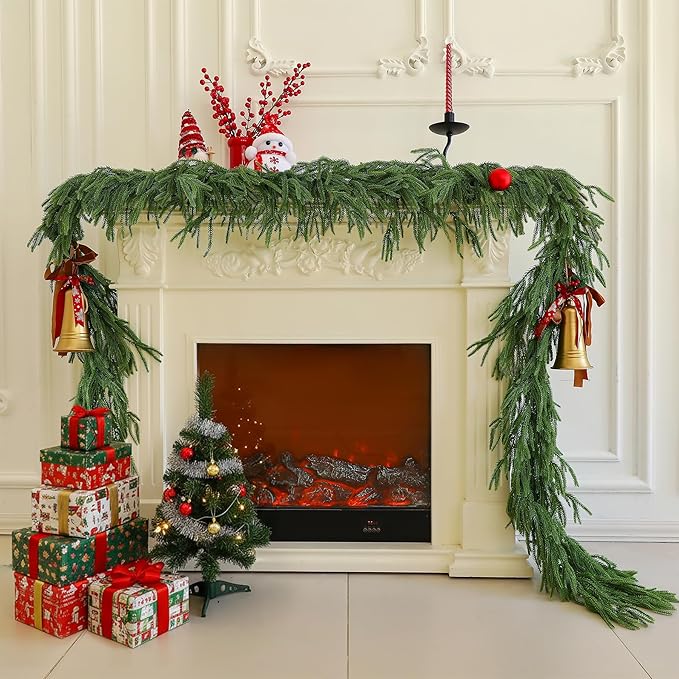 9FT Christmas Garland Artificial Norfolk Pine Garland，Handmade Real Touch Winter Greenery Faux Pine Needles Garland for Home Table Mantle Fireplace Indoor Outdoor Christmas Decor