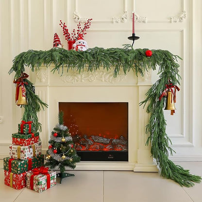 9FT Christmas Garland Artificial Norfolk Pine Garland，Handmade Real Touch Winter Greenery Faux Pine Needles Garland for Home Table Mantle Fireplace Indoor Outdoor Christmas Decor