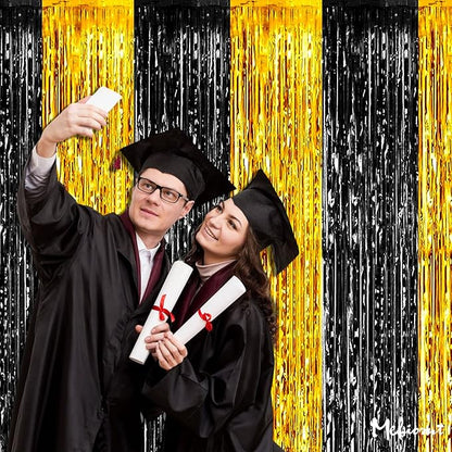 4 Pack 3.2Ft x 8.2Ft Black and Gold Fringe Curtain Backdrop, Metallic Tinsel Foil Fringe Streamers Curtains Background for Photo Booth Birthday Wedding Graduation Carnival Party Decorations