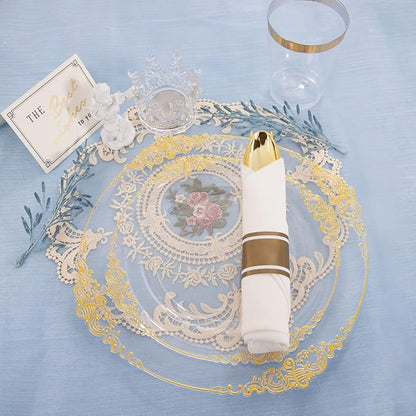 Hioasis 350pcs Clear and Gold Plastic Plates - Elegant Disposable Dinnerware Set Suitable for 50 Guests Include 10.25" Dinner & 7.5" Dessert Plates, Pre Rolled Silverware Set, Cups for Party & Wedding