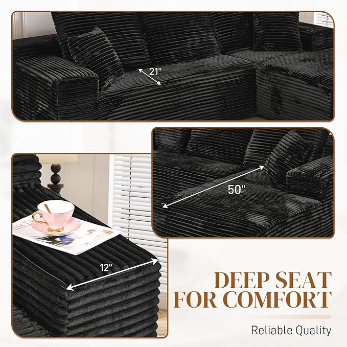108" L Shaped Boneless Sectional Couches for Living Room, Comfy Corduroy Floor Cloud Sofa with Chaise, Wide Armrest, Deep Seat, Memory Foam, Assembly Free, Ideal for Small Spaces, Black