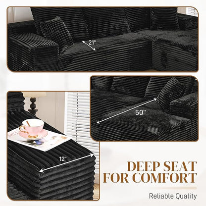 108" L Shaped Boneless Sectional Couches for Living Room, Comfy Corduroy Floor Cloud Sofa with Chaise, Wide Armrest, Deep Seat, Memory Foam, Assembly Free, Ideal for Small Spaces, Black