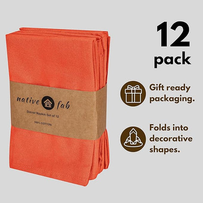 Native Fab Cloth Napkin Set of 12, 100% Cotton, Washable, Reusable Dinner Cloth Napkin 17x17 inches, Table Decor Napkins for Dinner, Events, Orange