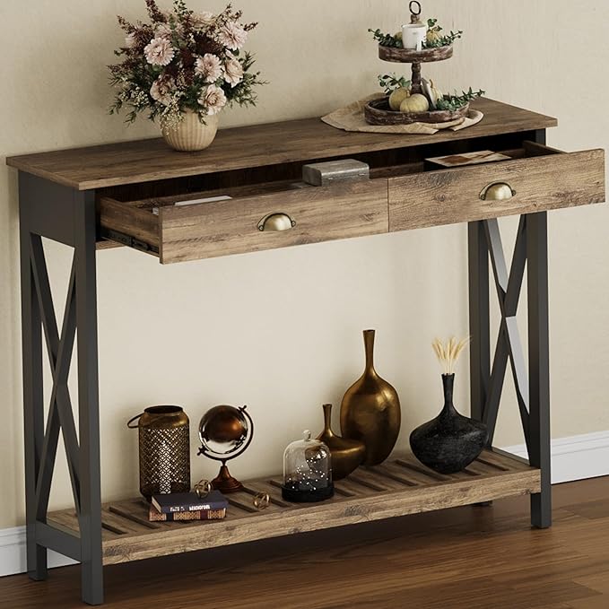 ChooChoo 47" Farmhouse Console Table with Drawer for Entryway, Narrow Long Entry Table with Shelf for Living Room, Rustic Vintage Hallway Sofa Table with Stable X Supports, Rustic Oak & Black