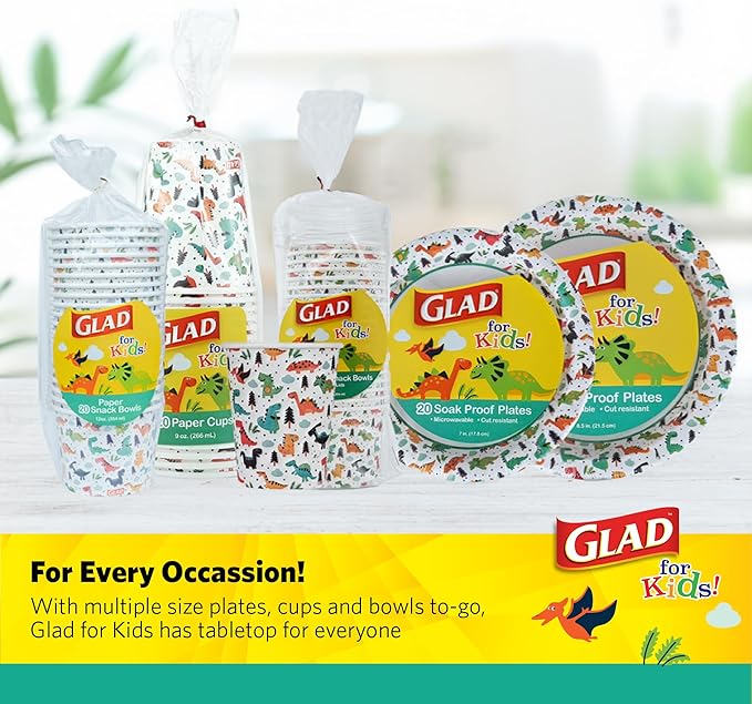 Glad for Kids Dinosaur Paper MINI Snack Bowls, Lids Not Included - Disposable Paper Cups with Dino Design for Kids, Heavy Duty Small Size, 6 Ounces, 20 Count