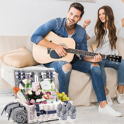 Picnic Basket for 4 Persons with Waterproof Picnic Blanket and Insulated Cooler, Large Wicker Picnic Basket for Camping, Outdoors, Valentine's Day, Christmas, Birthday, Wedding Gift