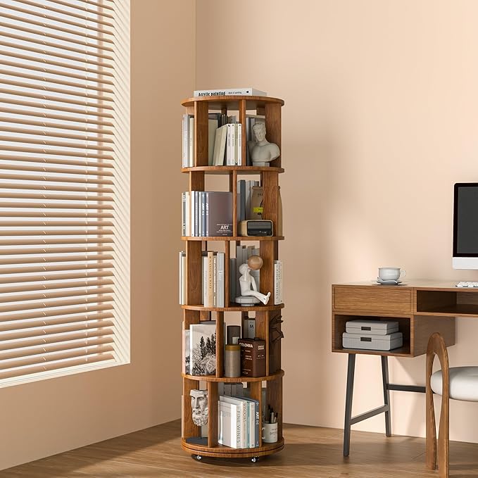 5-Tier Solid Wood Rotating Bookshelf on Wheels, 360° Spinning Book Shelf Tower, Round Revolving Bookcase Organizer, Rolling Bookshelves for Small Spaces, Corner, Bedroom, Kids Room, Office, Walnut
