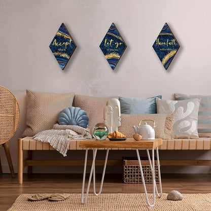 3Pcs Blue And Gold Bathroom Decor Gold Wall Decor with Accept Let Go Have Faith Quote Rustic Vintage Farmhouse Wooden Hanging Signs for Women Home Laundry Living Bedroom(12x7)