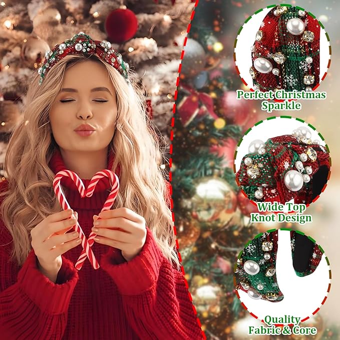 CUBACO 2 Pcs Christmas Headband for Women White Pearl Rhinestone Crystal Jeweled Embellished Hairband Wide Top Knot Headpieces Christmas Holiday Party Decoration Accessories(Red Green Plaid Headband)