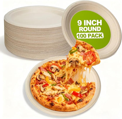 W&Y paper plates 9 Inch Disposable Paper Plates [100 Pack] - Heavy Duty Dinner Plates, Leak Proof & Microwave Safe, Cut Resistant & Compostable for Parties, Weddings, Catering Events