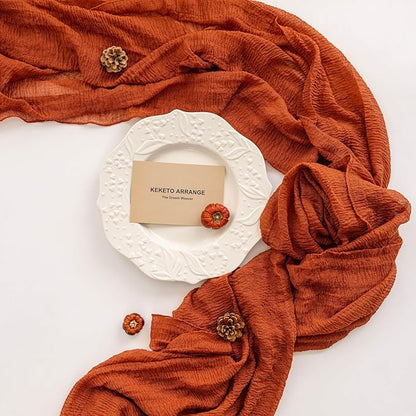 Fall Thanksgiving Table Runner Terracotta Decorations 120 Inch 10 FT Rustic Burnt Orange Sheer Cheese Cloth for Baby Bridal Shower Friendsgiving Party Centerpiece Gauze Decor for Home