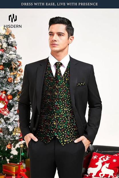 HISDERN Men's Suit Vest Christmas Holiday Season Party Jacquard Waistcoats Necktie Pocket Square Vest Suit Set