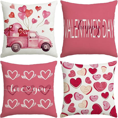Valentines Day Decorations-Valentine Pillow Covers 18x18 Set of 4, Pink Hearts Love You Happy Valentine's Day Throw Outdoor Pillow Covers Anniversary Wedding Cushion Case for Home Sofa Couch Décor
