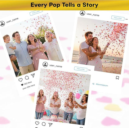 2 Pack Pink Heart-Shaped Confetti Poppers for Baby Gender Reveal | Pink Paper and Gold Mylar Baby Girl Party Supplies