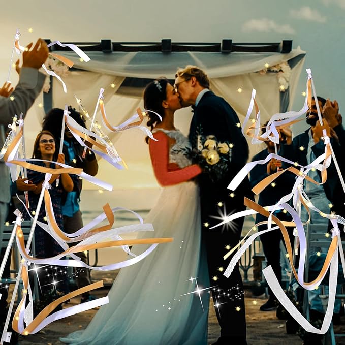 60PCS Light Up Wands,Wedding Wands Ribbon Streamers with 3 Colorful Flashing Modes,LED Silk Fairy Wands with Bells for Wedding Party Favors,Easter,July 4th,Birthday Decor(Champagne)