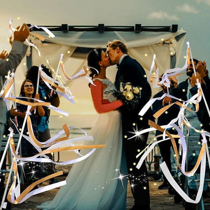 60PCS Light Up Wands,Wedding Wands Ribbon Streamers with 3 Colorful Flashing Modes,LED Silk Fairy Wands with Bells for Wedding Party Favors,Easter,July 4th,Birthday Decor(Champagne)
