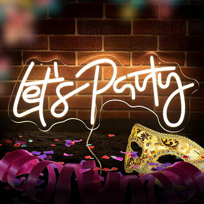 Let's Party Neon Sign for Wall Decor Led Neon Lights for Teen Bedroom Decor Art Light Up Letters LED Neon Signs for All Party Decorations USB 5v 21.7×10.4 Inch (warm white)