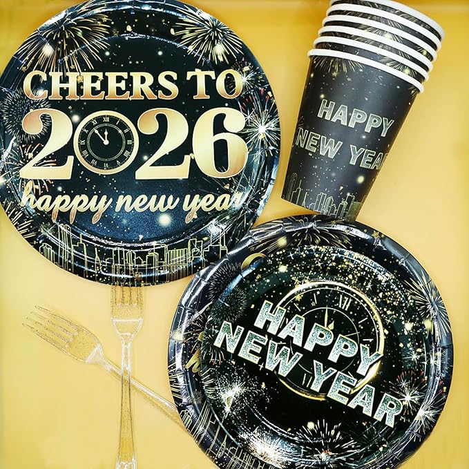 New Year Party Supplies Serves 20, Cheers to 2026 New Year Decorations Napkins and Plates Set, Disposable Paper Plates, Cups, Napkins Tableware Set for Party