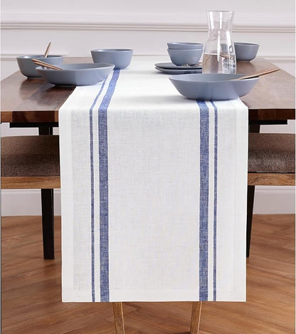 Solino Home Linen Table Runner 72 Inches Long - 100% Pure Linen Navy and White French Stripe Table Runner 16 x 72 Inch for Dining, Dresser