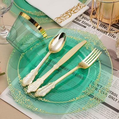 175PCS Clear Green Plastic Plates for 25 Guests, Disposable Plates with Gold Trim include 50 Dinner Plates, 75 Gold Silverware, 25 Cups, 25 Napkins for Party, Wedding and Graduation