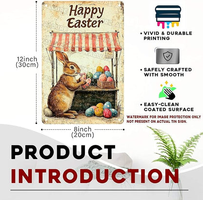 Metal Tin Sign Happy Easter Bunny Signs Vintage Wall Art Decor For Backyard Home Living Room Easter Garden Vintage Wall 8x12Inch