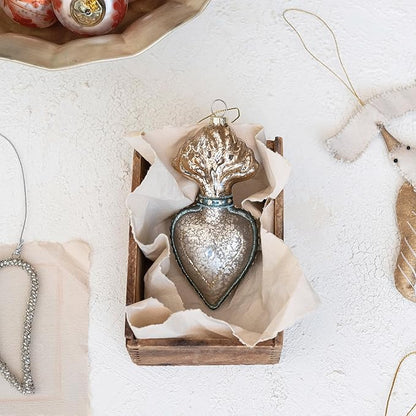 Creative Co-Op Etched Mercury Glass Ball Ornament Garland with Gold Cord, Matte Silver Finish and Coral Color