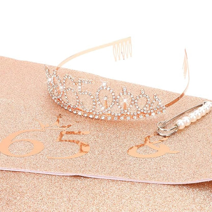CIEHER 65th Birthday Gift Set for Friends - Crown, Sash, and Pearl Pin for Women, Birthday Party Decorations and Supplies