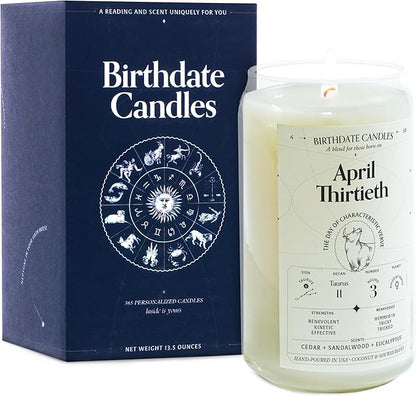 Birthdate Candles, April 30 - Taurus Zodiac Scented Candles Birthday Gift - Cedar, Sandalwood & Eucalyptus Scent - All-Natural Soy & Coconut Wax, 60-80 Hour Burn Time - Made in USA