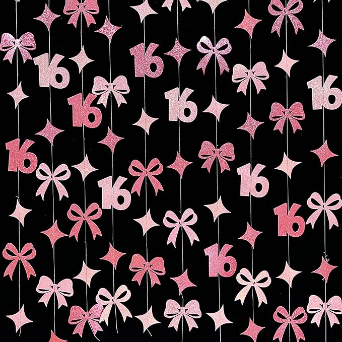 Glitter Pink 16th Bow Birthday Decorations Hot Pink Conquette Bow Garland Streamer Banner Backdrop for Girls Boys Happy 16th Birthday Sweet Sixteen Cheers to 16 Years Old Anniversary Party Supplies