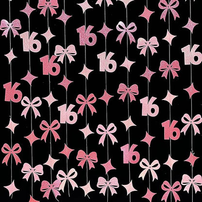 Glitter Pink 16th Bow Birthday Decorations Hot Pink Conquette Bow Garland Streamer Banner Backdrop for Girls Boys Happy 16th Birthday Sweet Sixteen Cheers to 16 Years Old Anniversary Party Supplies