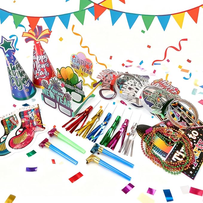 2026 New Years Eve Party Supplies Kit - 102 Pieces Colorful New Years Party Favors Set with Headbands, Hats, Photo Props, Noise Makers, Confetti & More for Happy New Year Decorations
