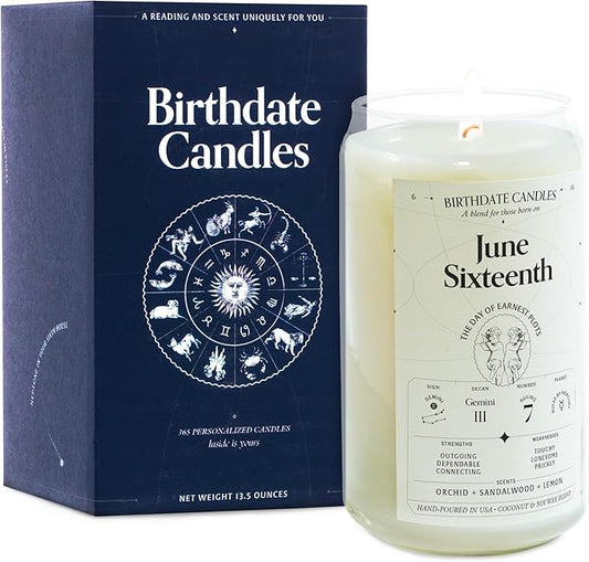 Birthdate Candles, June 16 - Gemini Zodiac Scented Candles Birthday Gift - Orchid, Sandalwood & Lemon Scent - All-Natural Soy & Coconut Wax, 60-80 Hour Burn Time - Made in USA