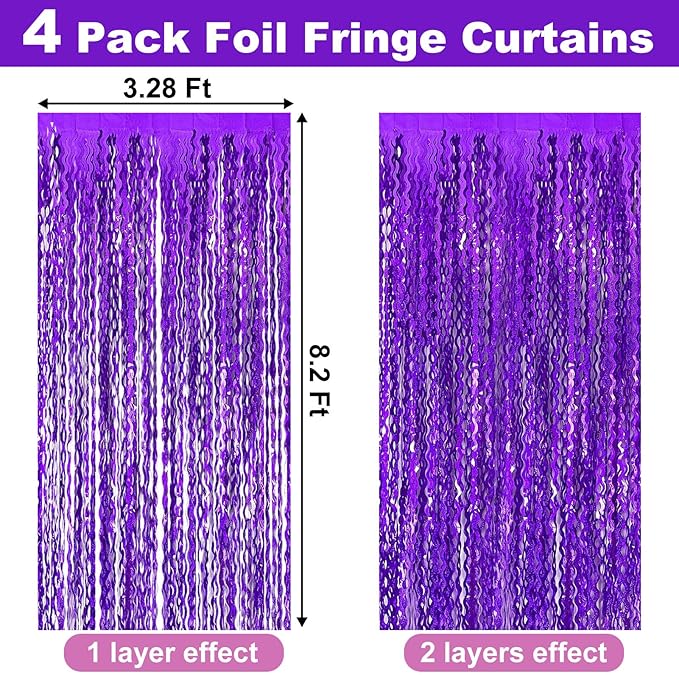 4 Pack Purple Fringe Curtain Backdrop 3.2Ft x 8.2Ft Metallic Tinsel Foil Fringe Streamers Background for Photo Booth, Easter, Mother's Day, Bachelorette, Wedding, Birthday Party Decoration
