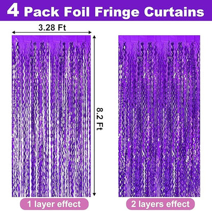 4 Pack Purple Fringe Curtain Backdrop 3.2Ft x 8.2Ft Metallic Tinsel Foil Fringe Streamers Background for Photo Booth, Easter, Mother's Day, Bachelorette, Wedding, Birthday Party Decoration