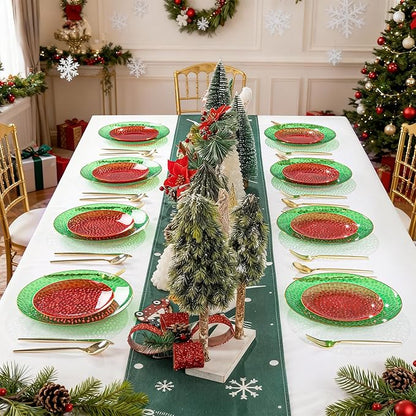 Rubtlamp 60 Pcs Christmas Plasitc Plates, Clear Green Red Plastic Plates With Gold Rim, Red Green Hammered-design, Include 30 Red Dessert Platos, 30 Green Dinner Platos, Perfect For Christmas