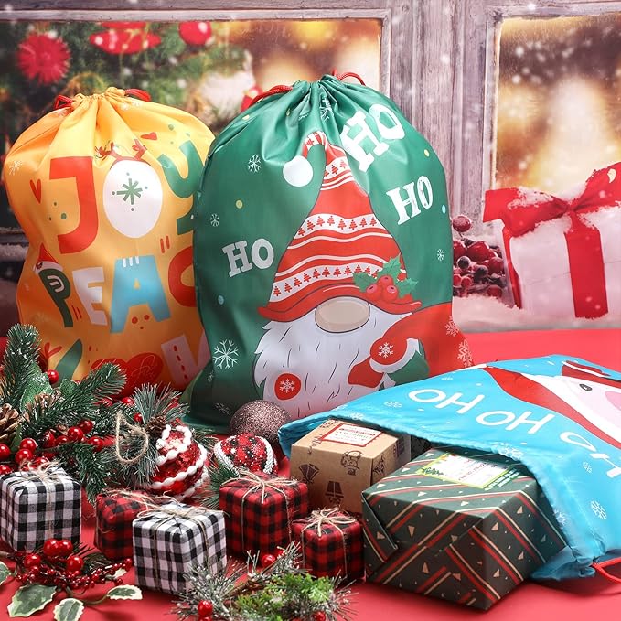 12 Pcs Christmas Party Favors Bags for Kids Drawstring Backpack Santa Claus Goodies Snack Treat Gift Bags Presents Wrapping for Xmas Winter Holiday Birthday Party (13.2 x 16.3 Inch)