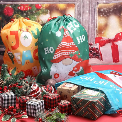 12 Pcs Christmas Party Favors Bags for Kids Drawstring Backpack Santa Claus Goodies Snack Treat Gift Bags Presents Wrapping for Xmas Winter Holiday Birthday Party (13.2 x 16.3 Inch)