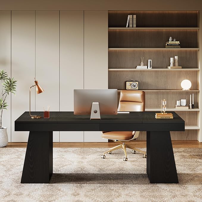 Tribesigns 55-Inch Executive Desk, Thick Wood Office Computer Desk with Double Pedestal, Modern Minimalist Workstations Writing Table Conference Table Furniture for Home Office, Black