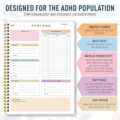 ADHD Daily Planner - Productivity & Undated Task Management Organizer for Neurodivergent Adults, Focused Planner for Men & Women - B5 Colorful Flowers