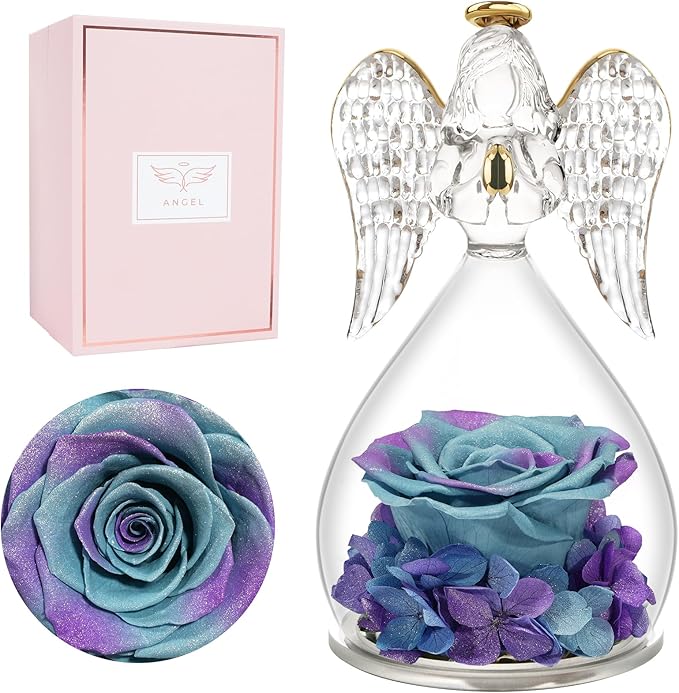 Miofula Angel Rose Birthday Gifts for Mom, Preserved Flower Rose in Glass Angel Figurines, Forever Real Rose Gift for Women Mom Grandma, Angel Gifts for Her Wife on Valentines Anniversary Mother's Day
