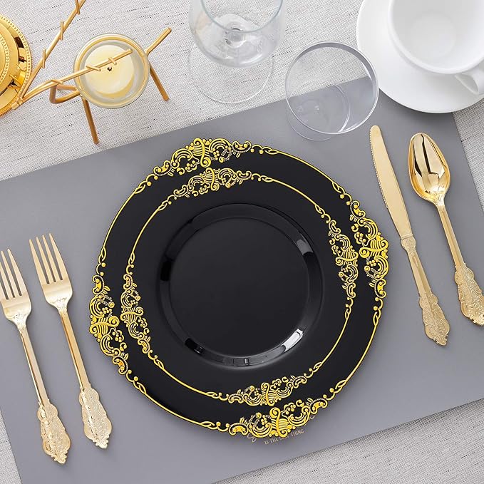 Hioasis 175pcs Black and Gold Plastic Plates - Elegant Disposable Dinnerware Set Suitable for 25 Guests Include 10.25" Dinner & 7.5" Dessert Plates, Cutlery, Napkins, Cups for Party & Wedding