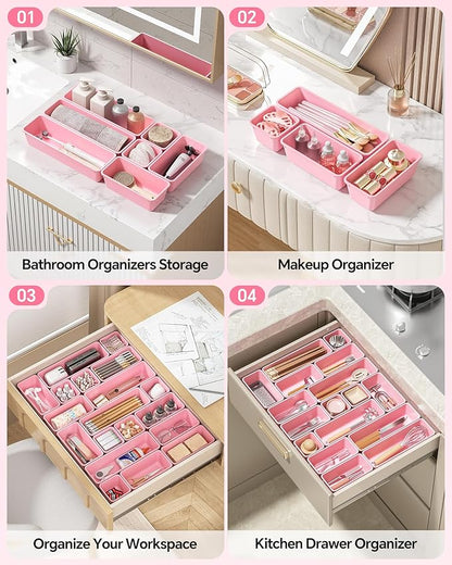 13 Pack Plastic Drawer Organizers Set, 3 Sizes Desk Drawer Organizer Trays for Vanity and Makeup Organizer, Organization and Storage for Makeup, Kitchen Utensils, Bathroom and Office(Pink)